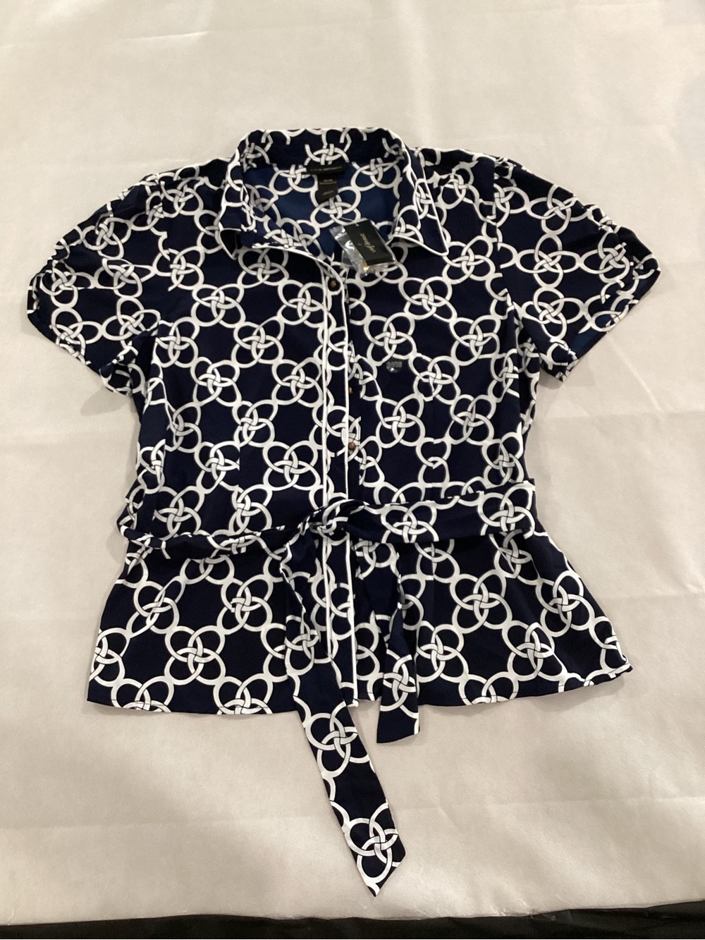 Lane Bryant Navy and White Chain-Print Button-Front Blouse size14/16 #f3